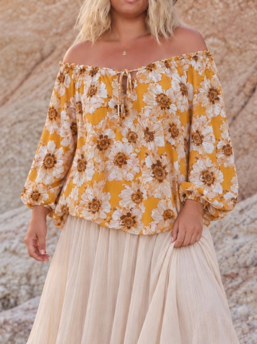 Maurices Boho Floral Off Shoulder Peasant Blouse Lace Trim Mustard Yellow Sz 3X